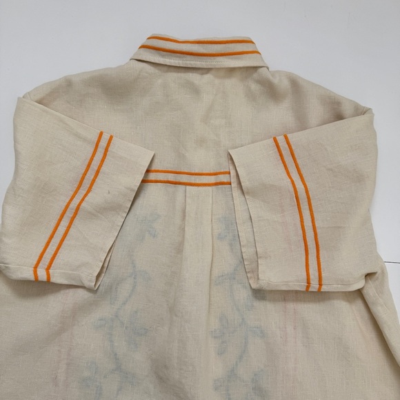 VRG Grl Blouse Sunsets Capri Linen Natural Button Down Collared Embroidered Sz 8 - Picture 12 of 16